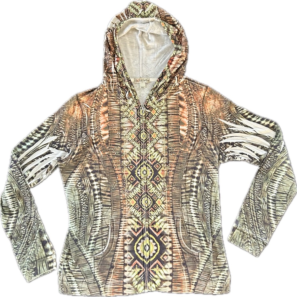 Live and Let Live Boho Zip Hoodie Rhinestone Tribal Print Size L